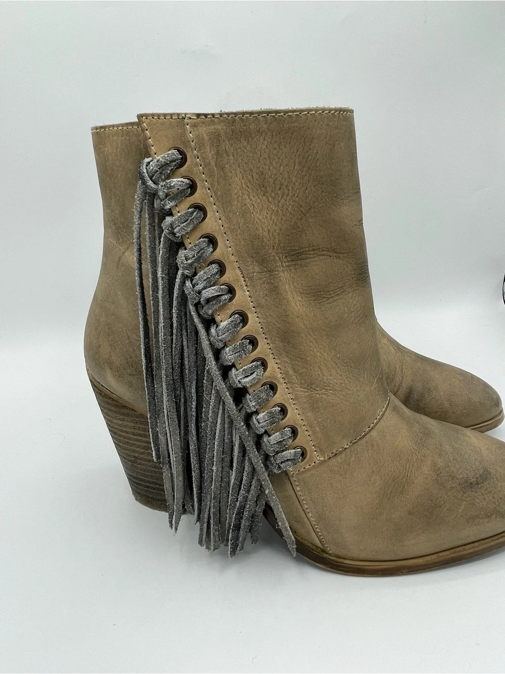 Diba True Jilly Ann Fringe Leather Ankle Boots in Taupe/Tan.